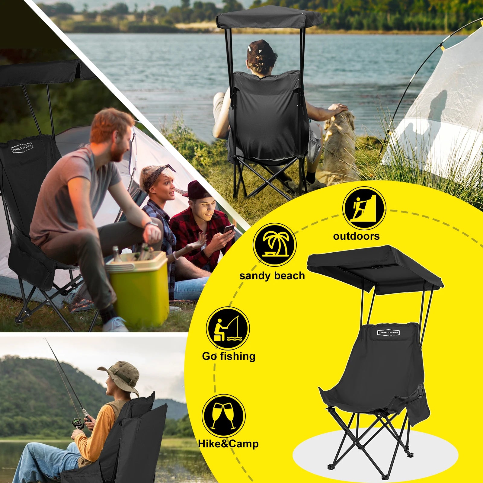 BLACK  Tactical Outdoor Chair  With Shade Canopy, Fold Lightweight /Oversized For All, Easy To Open And Close