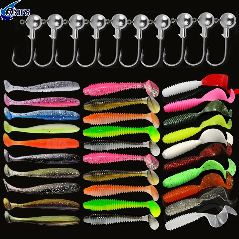 10pcs Fishing Lures Kit Silicone Lure Set Artificial Bait Worm with Crank Jig Head Hook