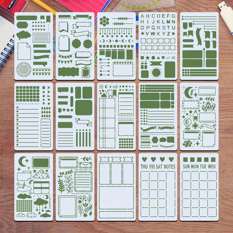 15PCS Bullet Journal Stencil Set /Template  Layout Notebook Tool