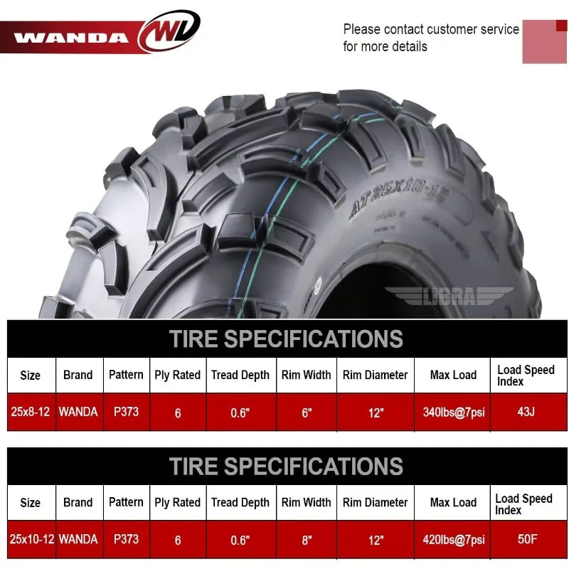 Set of 4 ATV/UTV Tires 25x8 12 Front & 25x10 12 Rear /6PR Budget Stock Replacements