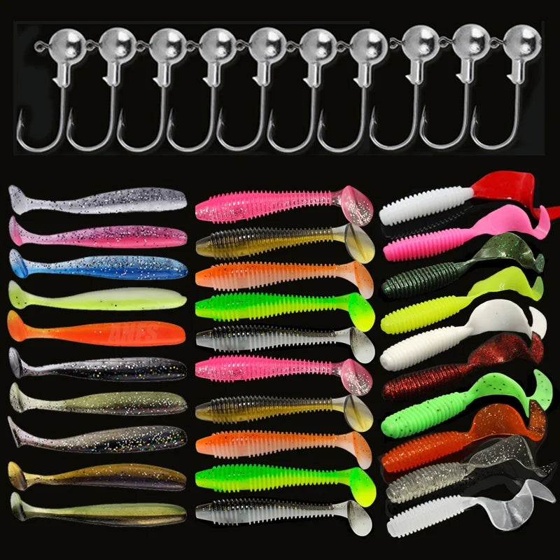 10pcs Fishing Lures Kit Silicone Lure Set Artificial Bait Worm with Crank Jig Head Hook