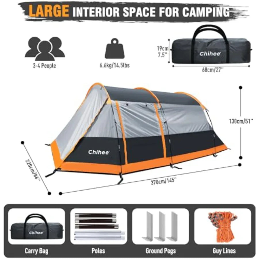 Tunnel Tent 4 Person Family Tents with 2 Doors Extra Weatherproof Outdoor Shelter 4 Seasons