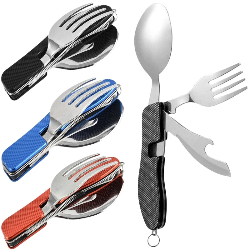 4 in1 Foldable Camping Utensil Set Multi-Functional Knife /Fork /Spoon /Bottle Opener