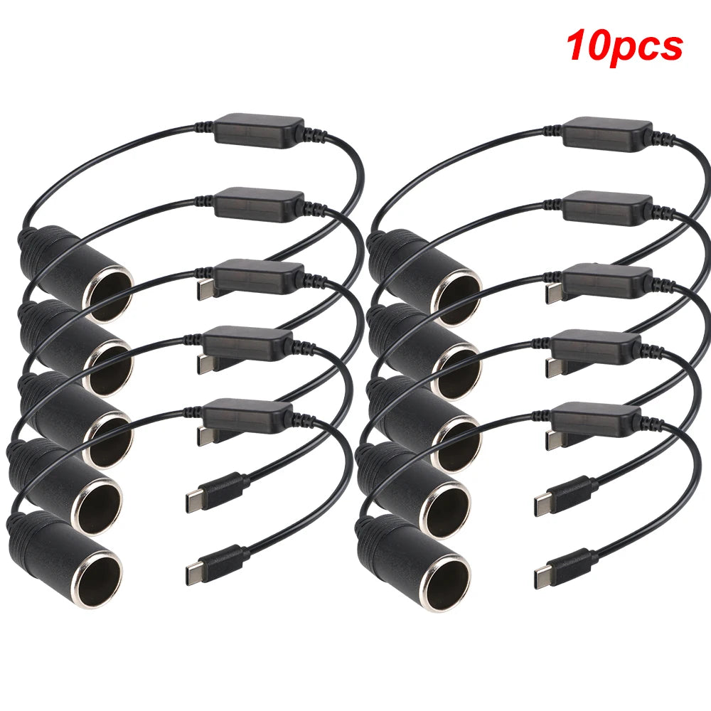 5V To 12V Converter Cable Extender USB Type C Chargers To Cigarette Lighter Socket Truck Power Adapter