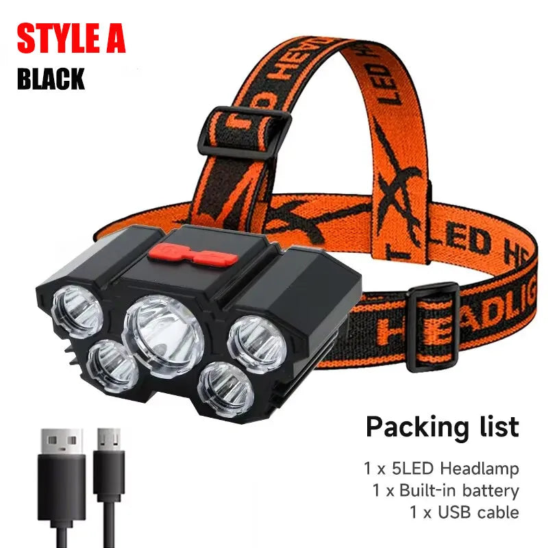 Timberline Special / Chose Style -5 LED Flashlight Rechargeable with Built in Lithium Battery Headlamp