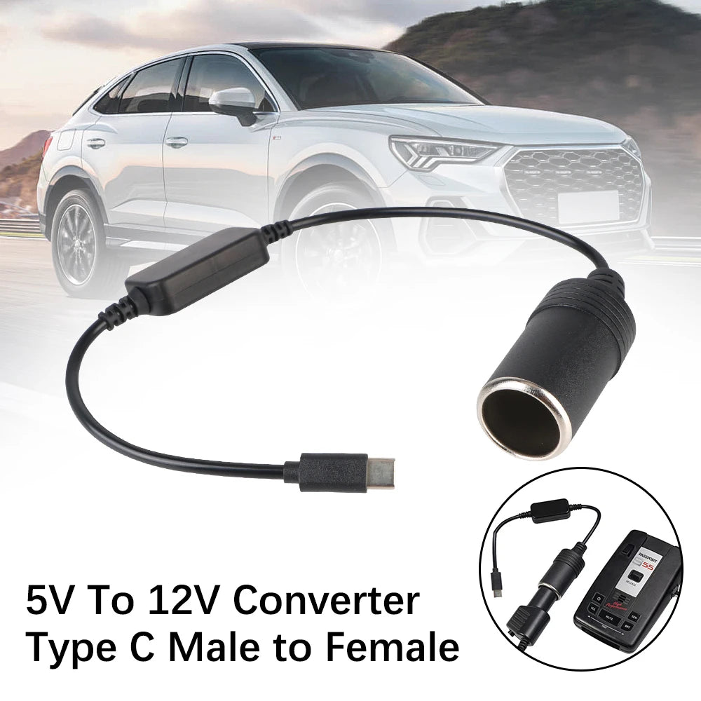 5V To 12V Converter Cable Extender USB Type C Chargers To Cigarette Lighter Socket Truck Power Adapter