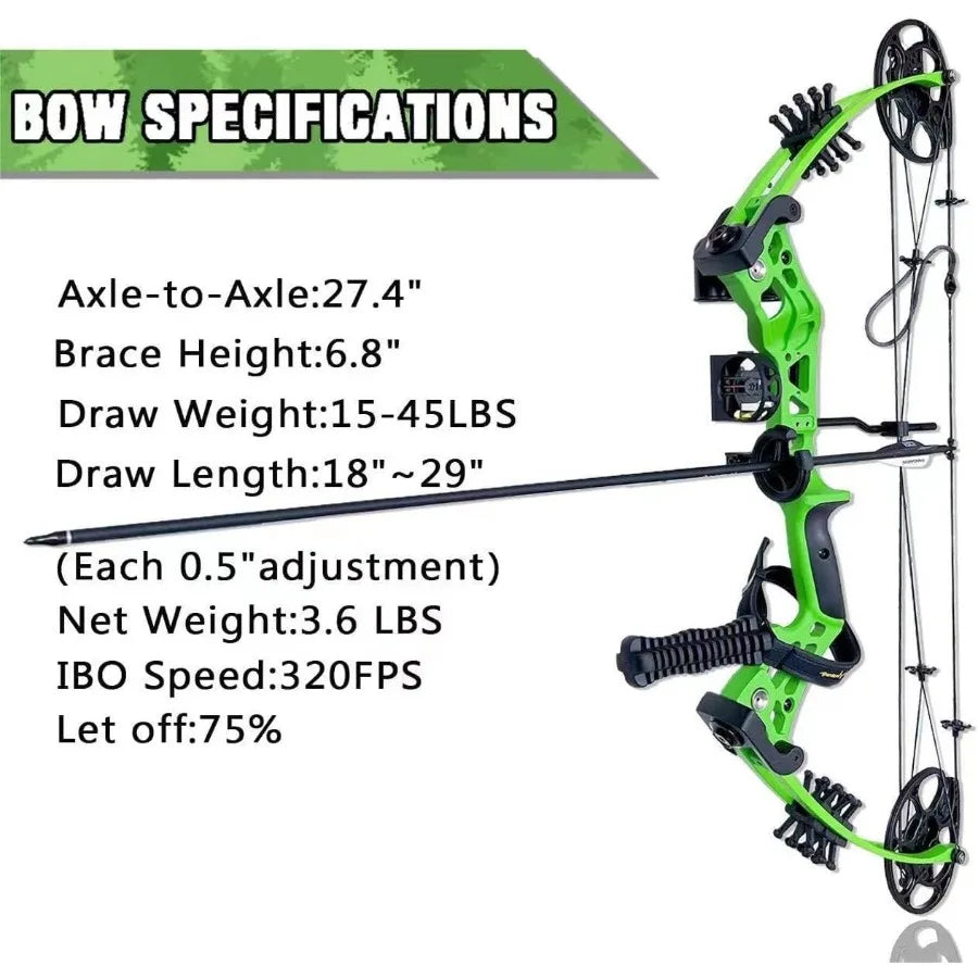 Compound Bow Set 15-45lbs for Pull Beginner and Teens Right Handed Adjustable 18-29 Draw Length 320 FPS Speed Hunting Bow Archery