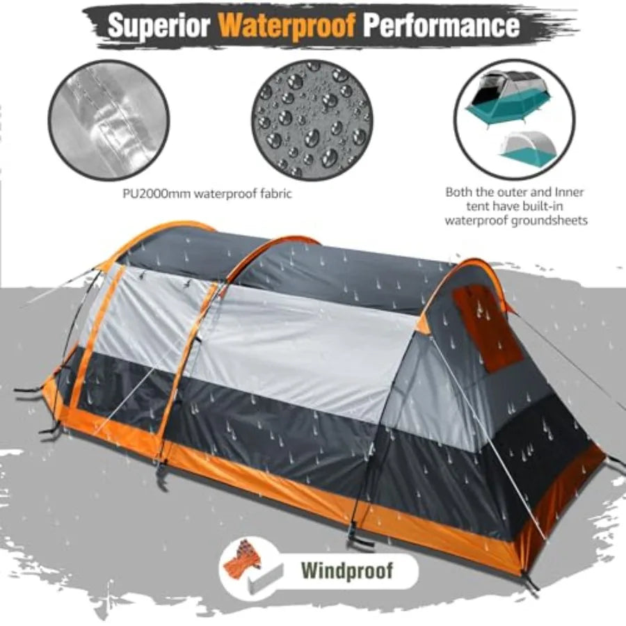 Tunnel Tent 4 Person Family Tents with 2 Doors Extra Weatherproof Outdoor Shelter 4 Seasons