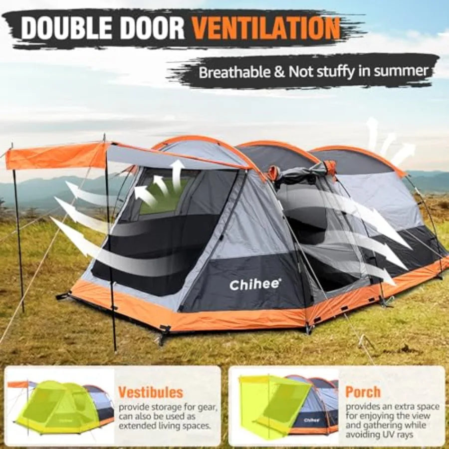 Tunnel Tent 4 Person Family Tents with 2 Doors Extra Weatherproof Outdoor Shelter 4 Seasons