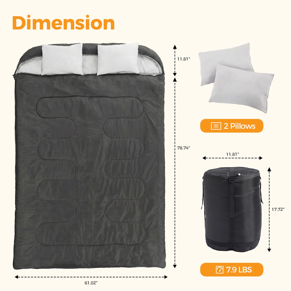 Couples/ Double Sleeping Bag for Adults with Pillow Lightweight 3 Season Comfort