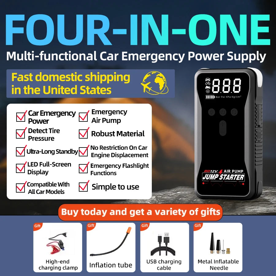 NEW ITEM ! Jump Starter Portable 12V 8000A with Emergency Air Pump Flashlight & Power Bank