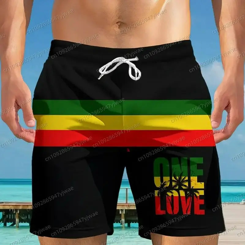 Outdoor-Inspired Drawstring Swim Trunks "One Love" Graphic  Shorts ﻿