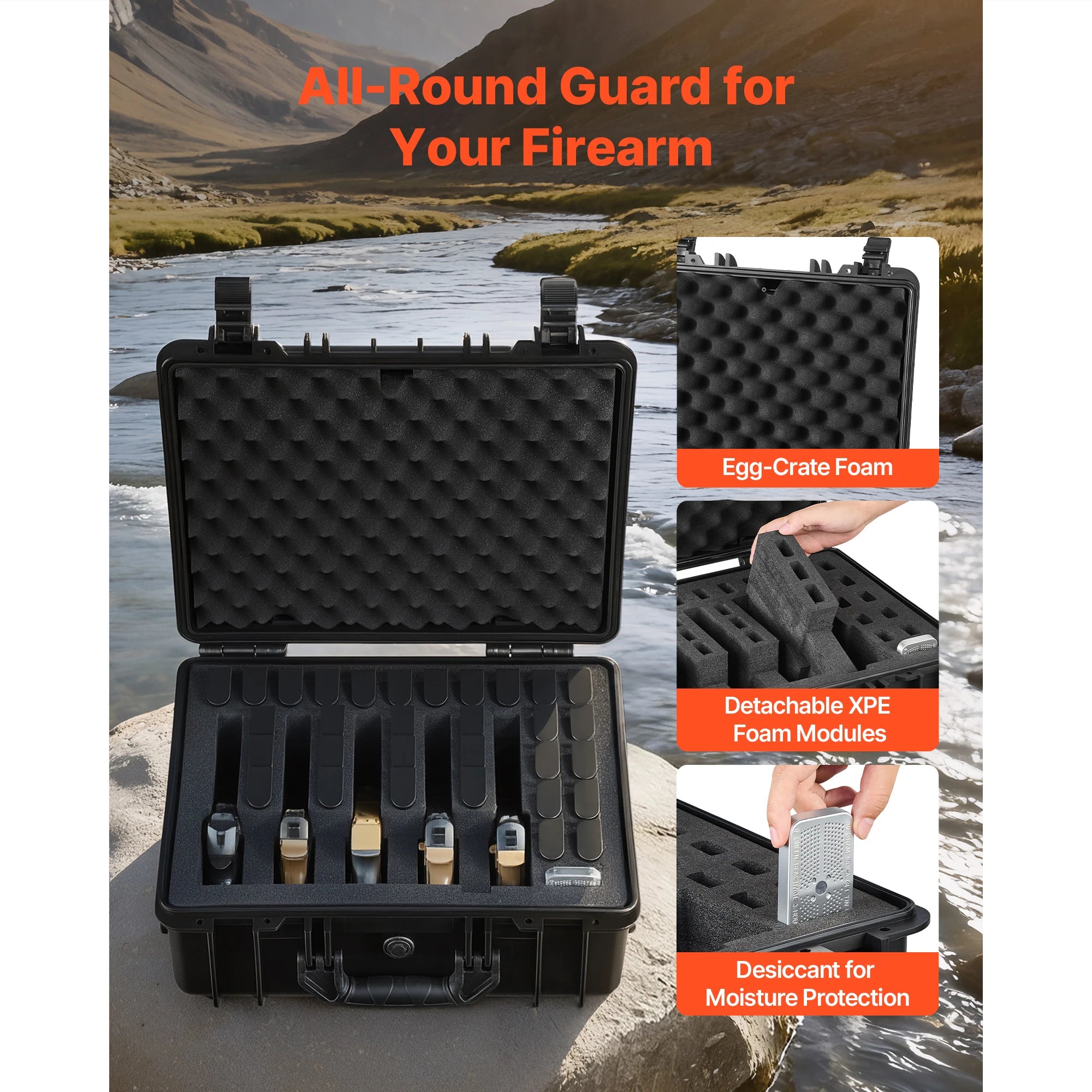 Hard Pistol Case with XPE Foam Lining Waterproof Pistol Box with Customizable Interior