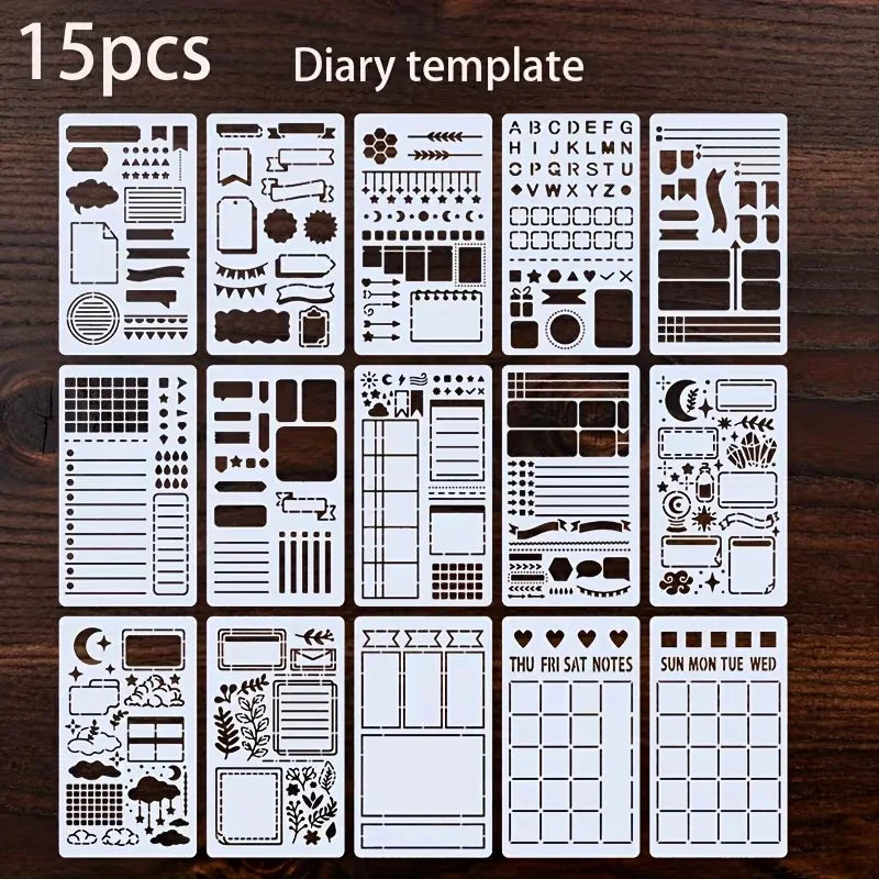 15PCS Bullet Journal Stencil Set /Template  Layout Notebook Tool