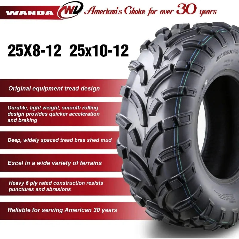 Set of 4 ATV/UTV Tires 25x8 12 Front & 25x10 12 Rear /6PR Budget Stock Replacements