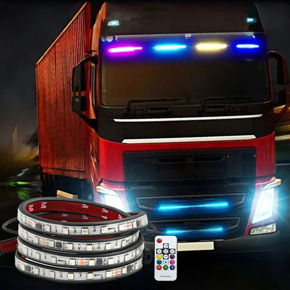 24V Truck LED DRL Light Strip RGB 64 Color Flowing Streamer Warning Flashing Driving Light Bar Car Ambient Lamp Vans Bus Styling