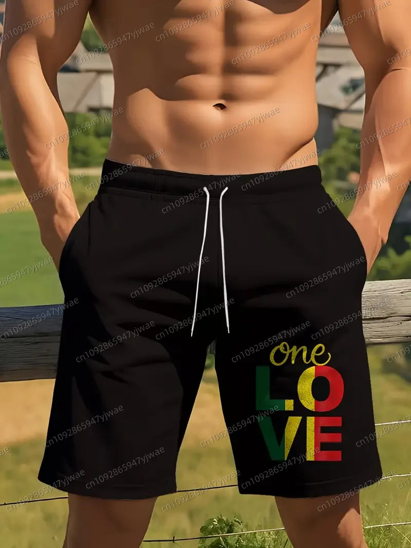 Outdoor-Inspired Drawstring Swim Trunks "One Love" Graphic  Shorts ﻿
