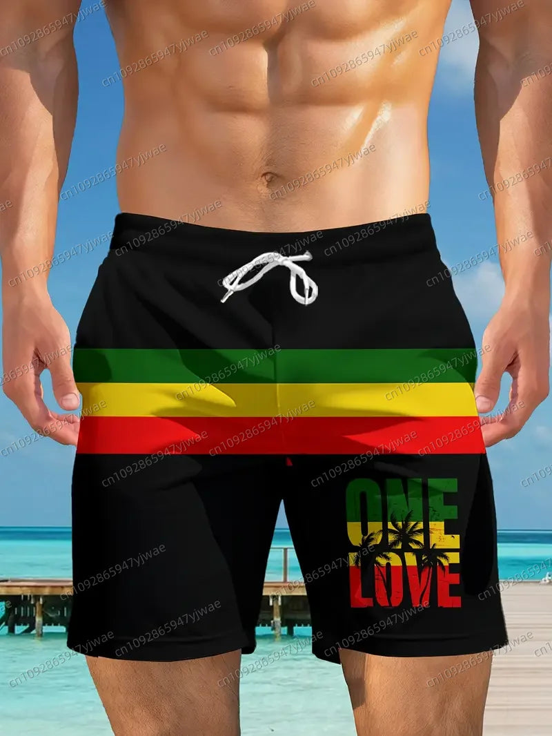 Outdoor-Inspired Drawstring Swim Trunks "One Love" Graphic  Shorts ﻿