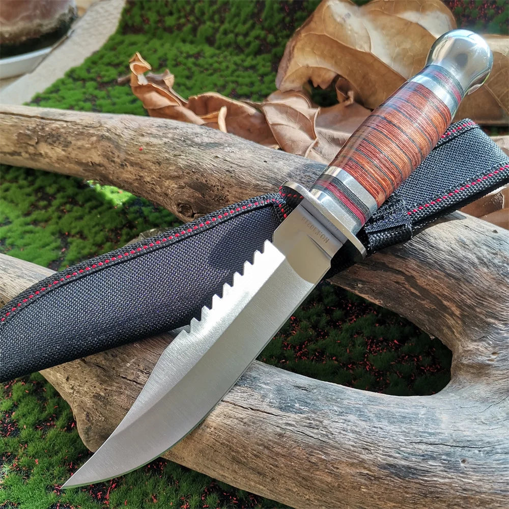 Steel Blade Hunting Knife with Wooden Handle - Sharp and Reliable Straight Knife with Oxford Cloth Cover