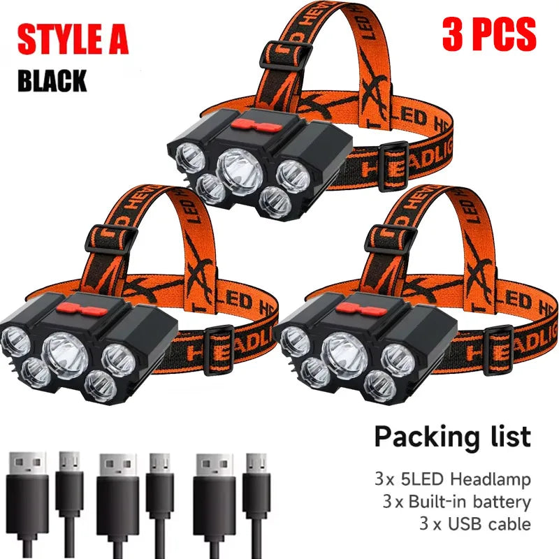 Timberline Special / Chose Style -5 LED Flashlight Rechargeable with Built in Lithium Battery Headlamp