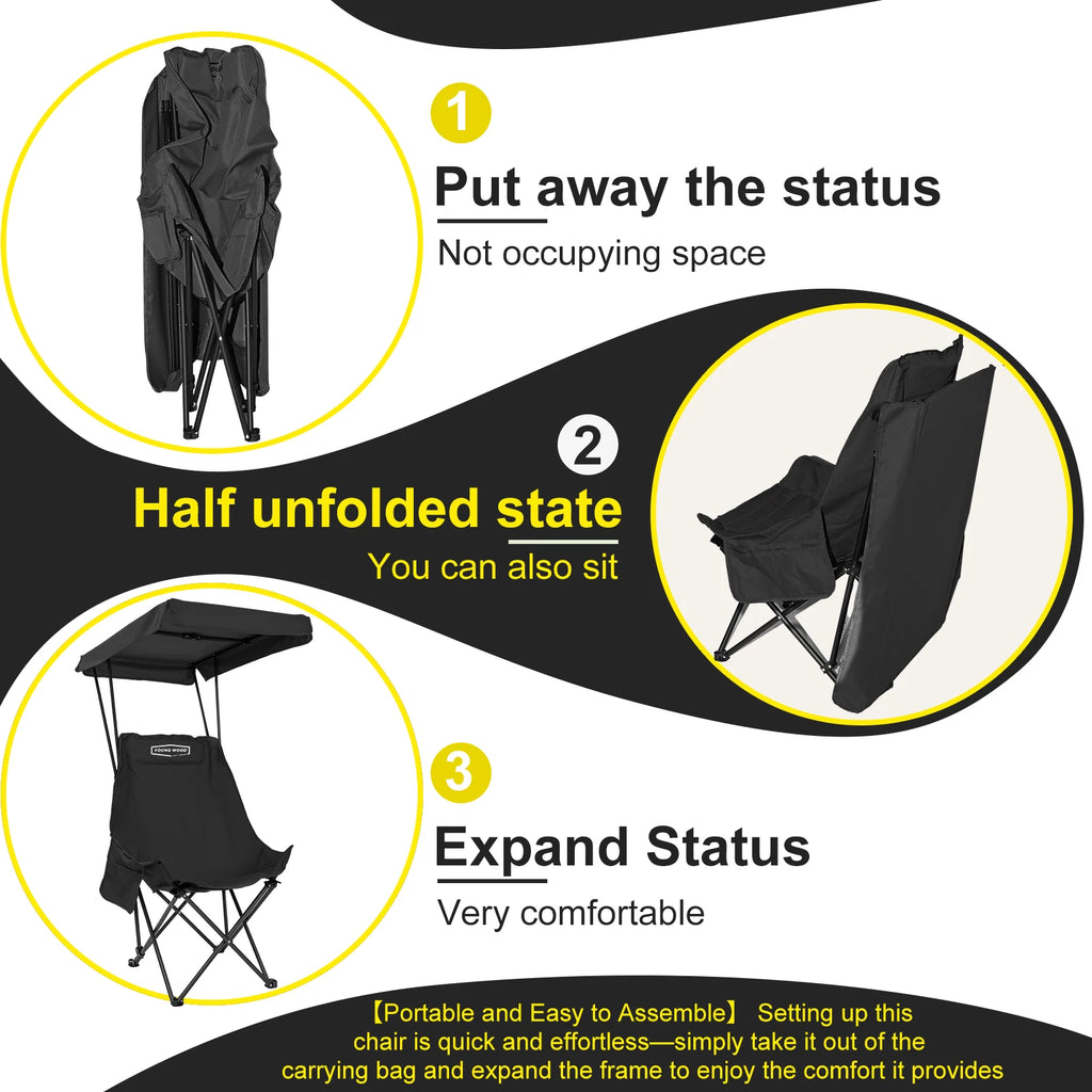 BLACK  Tactical Outdoor Chair  With Shade Canopy, Fold Lightweight /Oversized For All, Easy To Open And Close