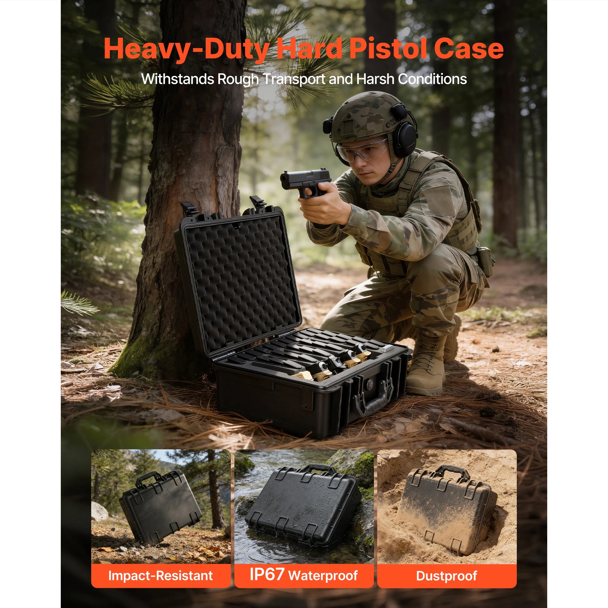 Hard Pistol Case with XPE Foam Lining Waterproof Pistol Box with Customizable Interior