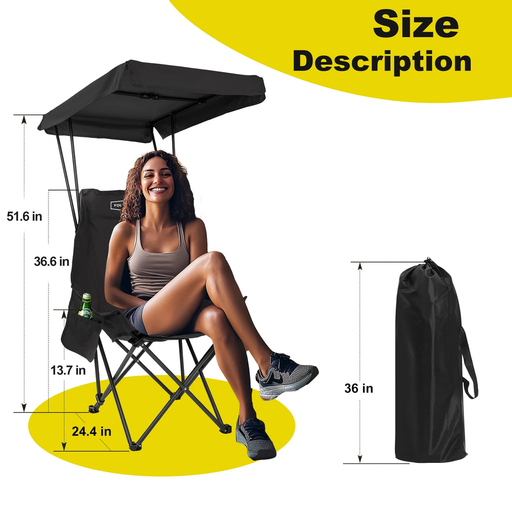 BLACK  Tactical Outdoor Chair  With Shade Canopy, Fold Lightweight /Oversized For All, Easy To Open And Close