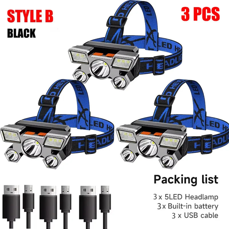 Timberline Special / Chose Style -5 LED Flashlight Rechargeable with Built in Lithium Battery Headlamp