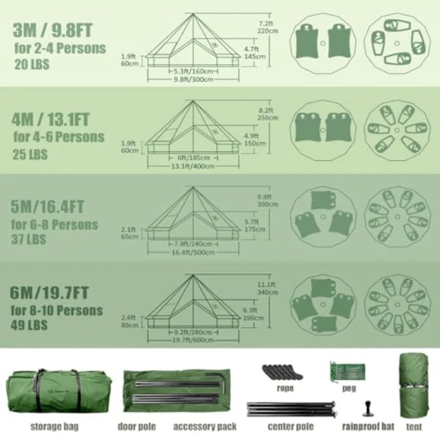 High Top- Tent with Stove Jack Waterproof Luxury Tent 420D Oxford Cloth Green for Family