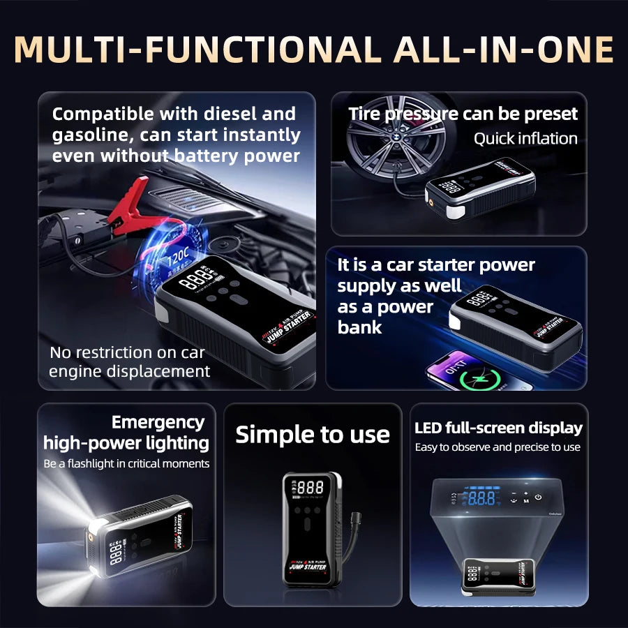 NEW ITEM ! Jump Starter Portable 12V 8000A with Emergency Air Pump Flashlight & Power Bank