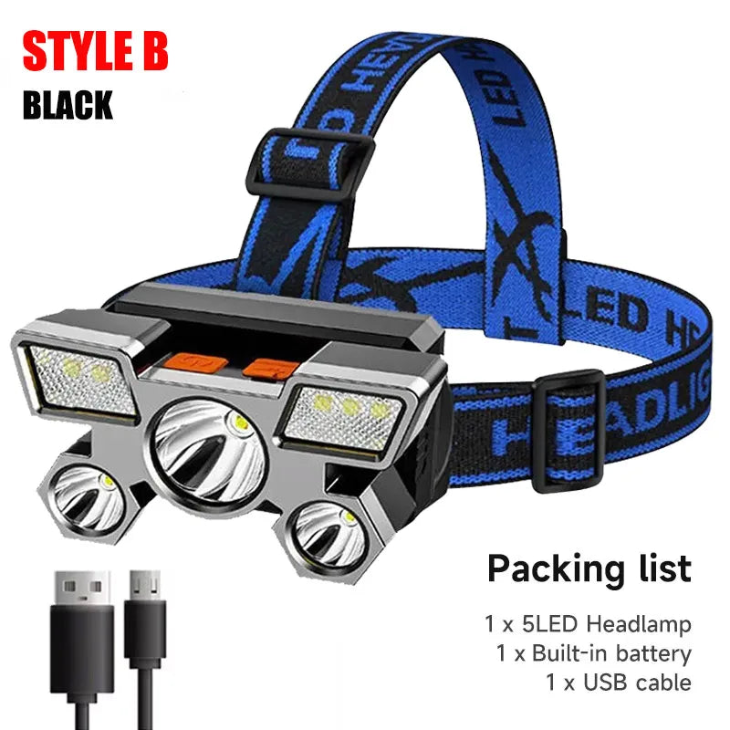 Timberline Special / Chose Style -5 LED Flashlight Rechargeable with Built in Lithium Battery Headlamp