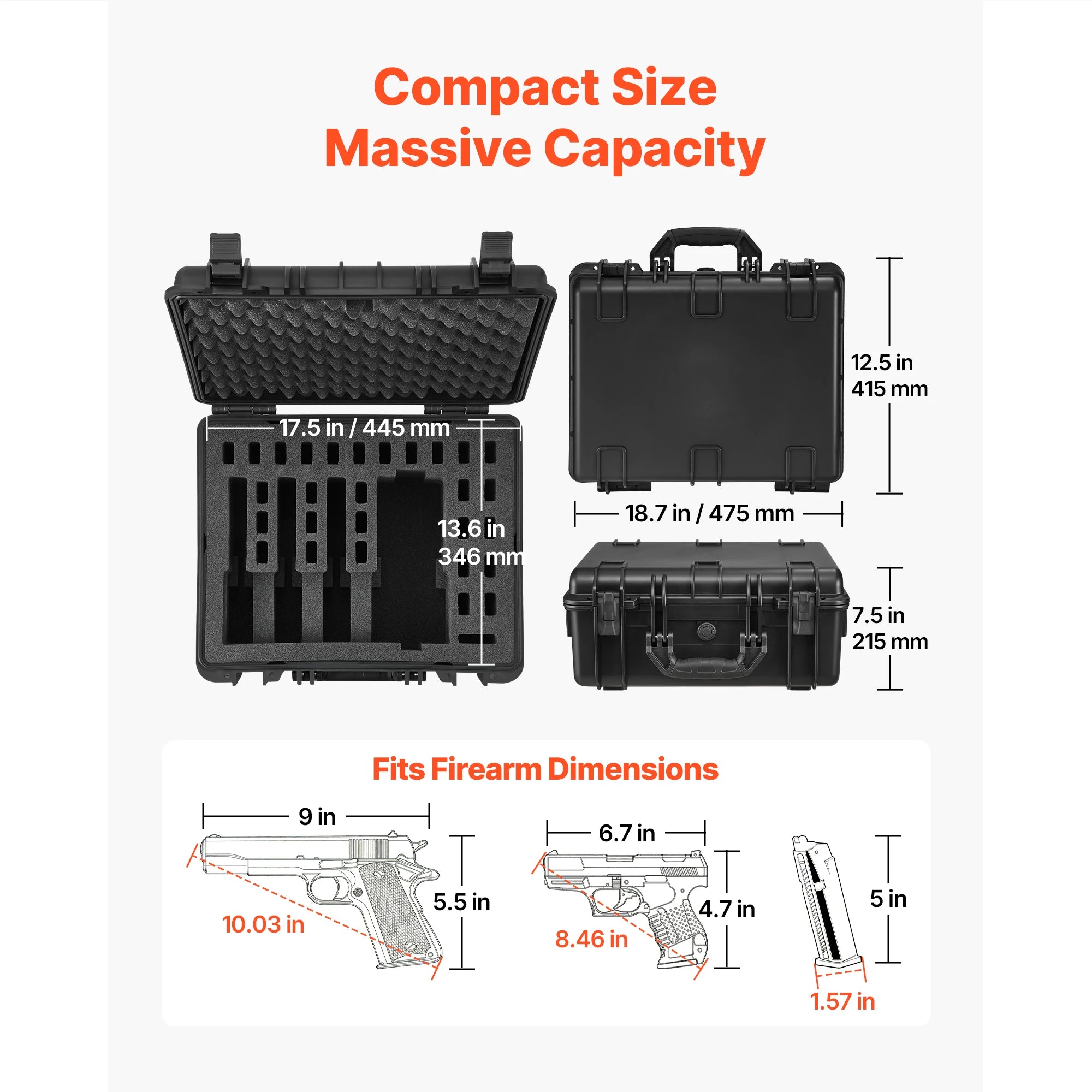 Hard Pistol Case with XPE Foam Lining Waterproof Pistol Box with Customizable Interior