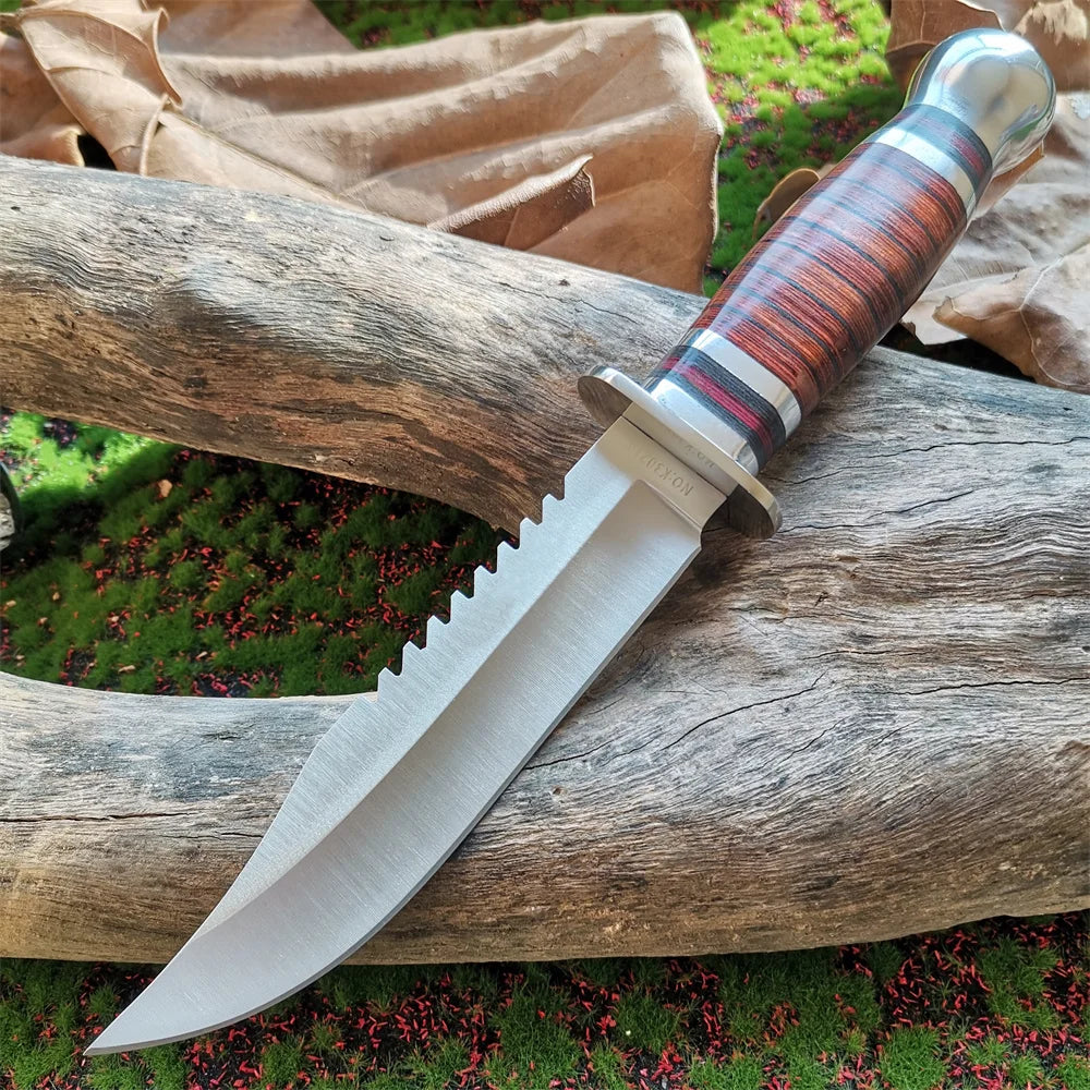Steel Blade Hunting Knife with Wooden Handle - Sharp and Reliable Straight Knife with Oxford Cloth Cover