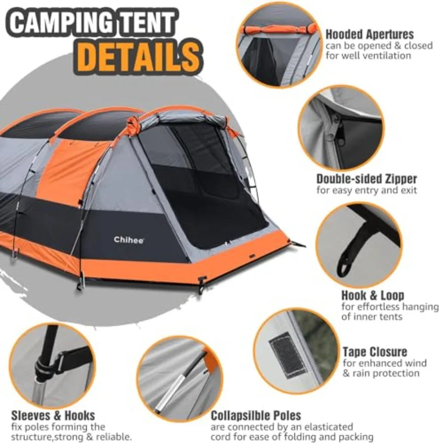 Tunnel Tent 4 Person Family Tents with 2 Doors Extra Weatherproof Outdoor Shelter 4 Seasons