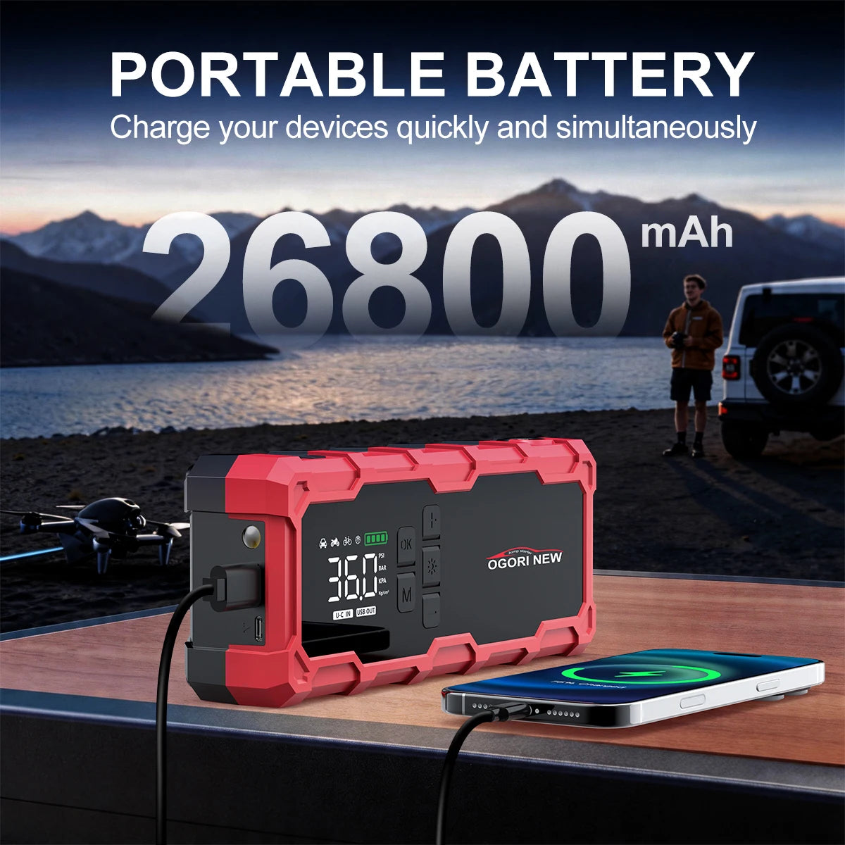 AUTO Starter with Air Compressor 150PSI 10000A Portable Starter Battery Pack (10.0L Gasoline/16.0L Diesel)