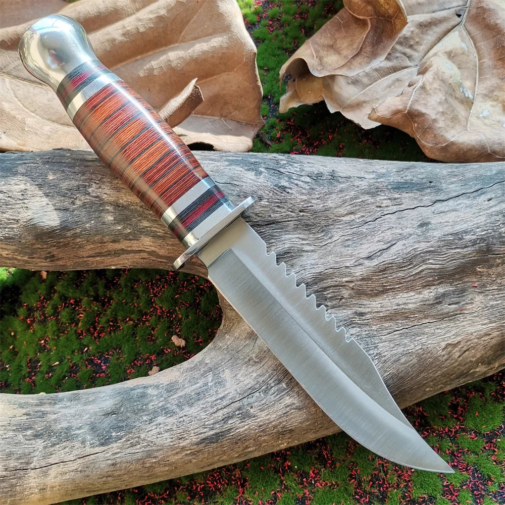 Steel Blade Hunting Knife with Wooden Handle - Sharp and Reliable Straight Knife with Oxford Cloth Cover