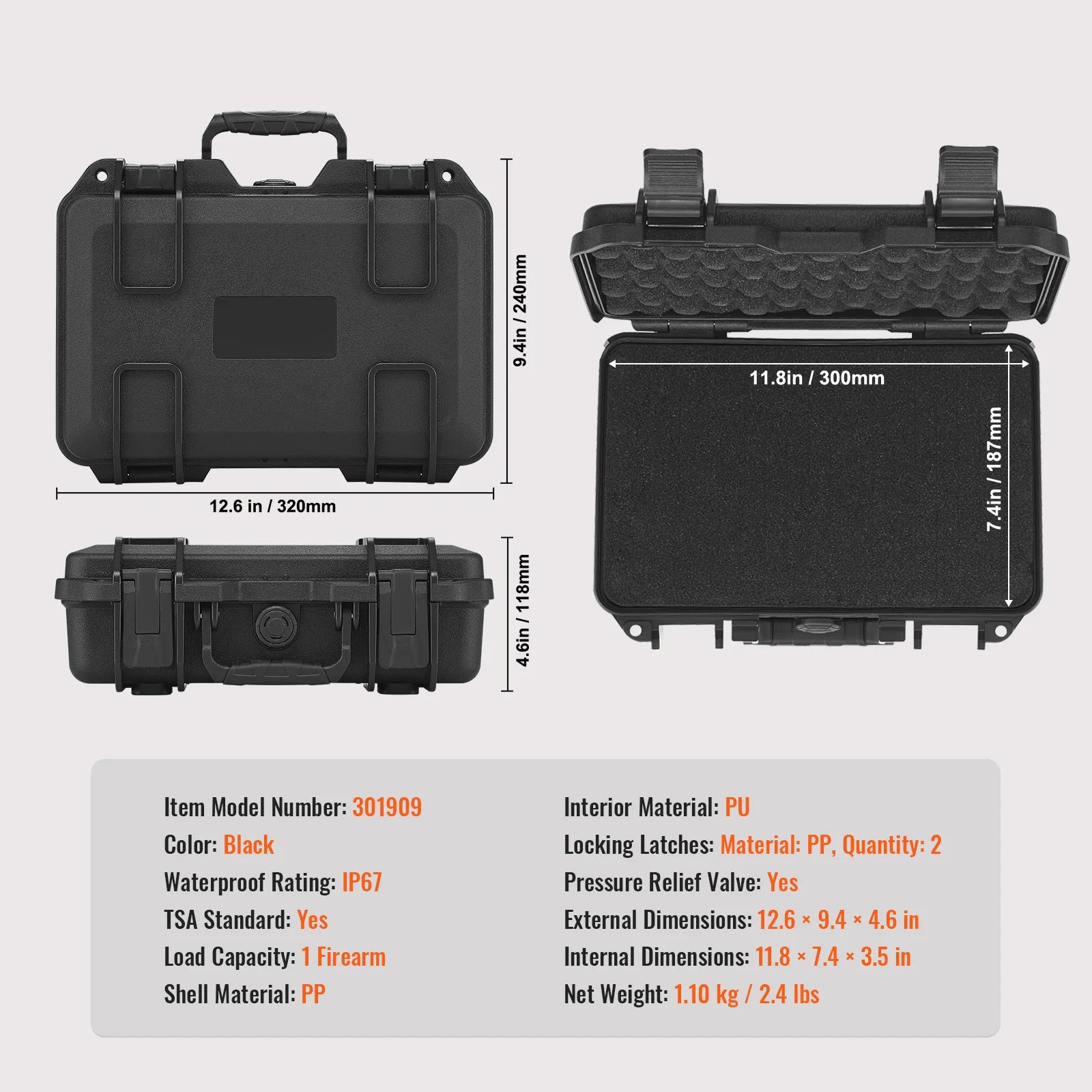 Best Seller ! Hard Pistol Cases with Pre-cut PU Foam Lining Waterproof Dust-proof Hard Lockable Pistol Case