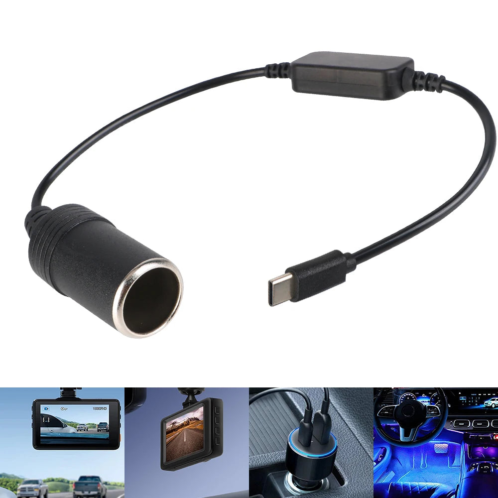 5V To 12V Converter Cable Extender USB Type C Chargers To Cigarette Lighter Socket Truck Power Adapter