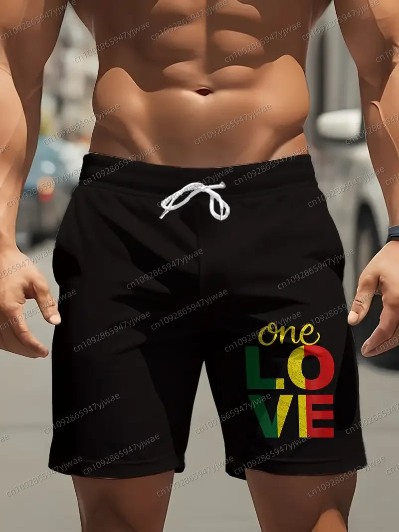 Outdoor-Inspired Drawstring Swim Trunks "One Love" Graphic  Shorts ﻿