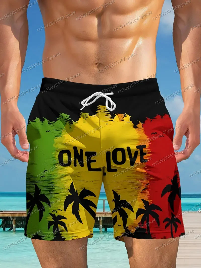 Outdoor-Inspired Drawstring Swim Trunks "One Love" Graphic  Shorts ﻿