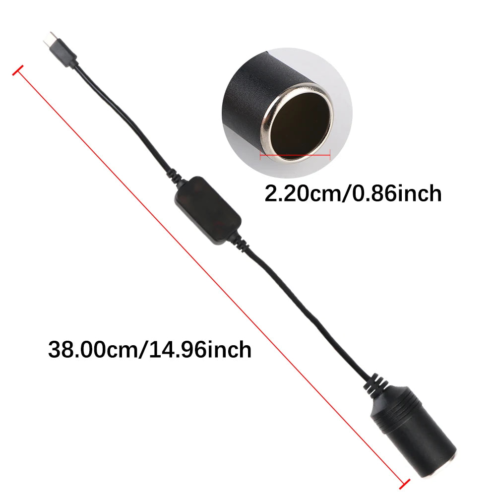 5V To 12V Converter Cable Extender USB Type C Chargers To Cigarette Lighter Socket Truck Power Adapter