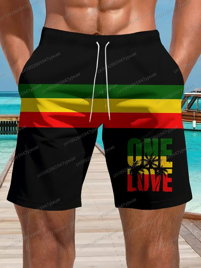 Outdoor-Inspired Drawstring Swim Trunks "One Love" Graphic  Shorts ﻿