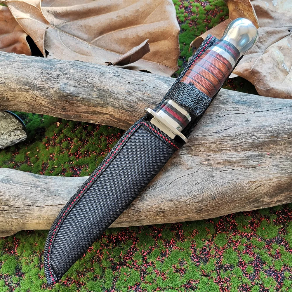 Steel Blade Hunting Knife with Wooden Handle - Sharp and Reliable Straight Knife with Oxford Cloth Cover