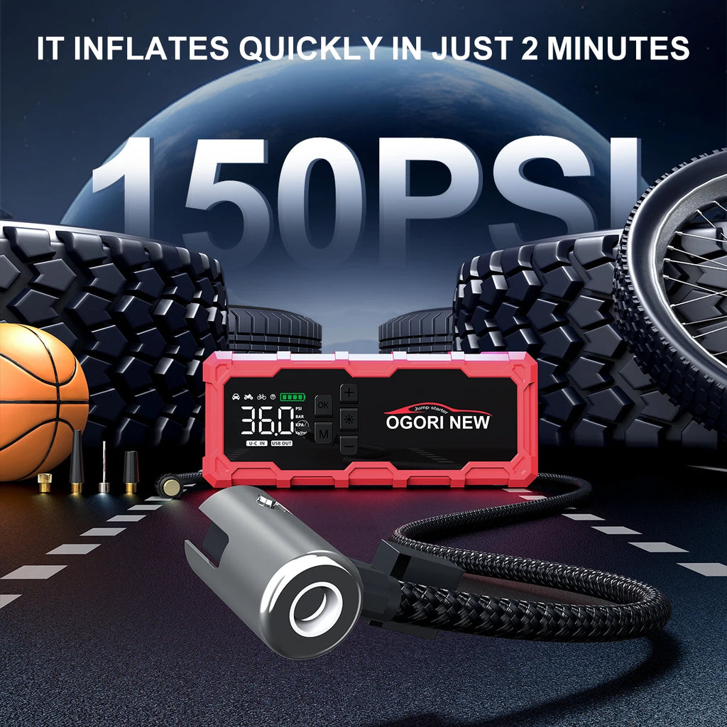 AUTO Starter with Air Compressor 150PSI 10000A Portable Starter Battery Pack (10.0L Gasoline/16.0L Diesel)