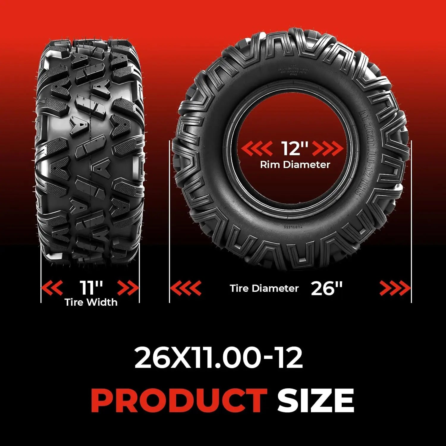 ATV/UTV Tires 26x11-12,All-Terrain Mud Tires 26x11x12,6-Ply,Non-Directional Tread,Tubeless,Set of 2