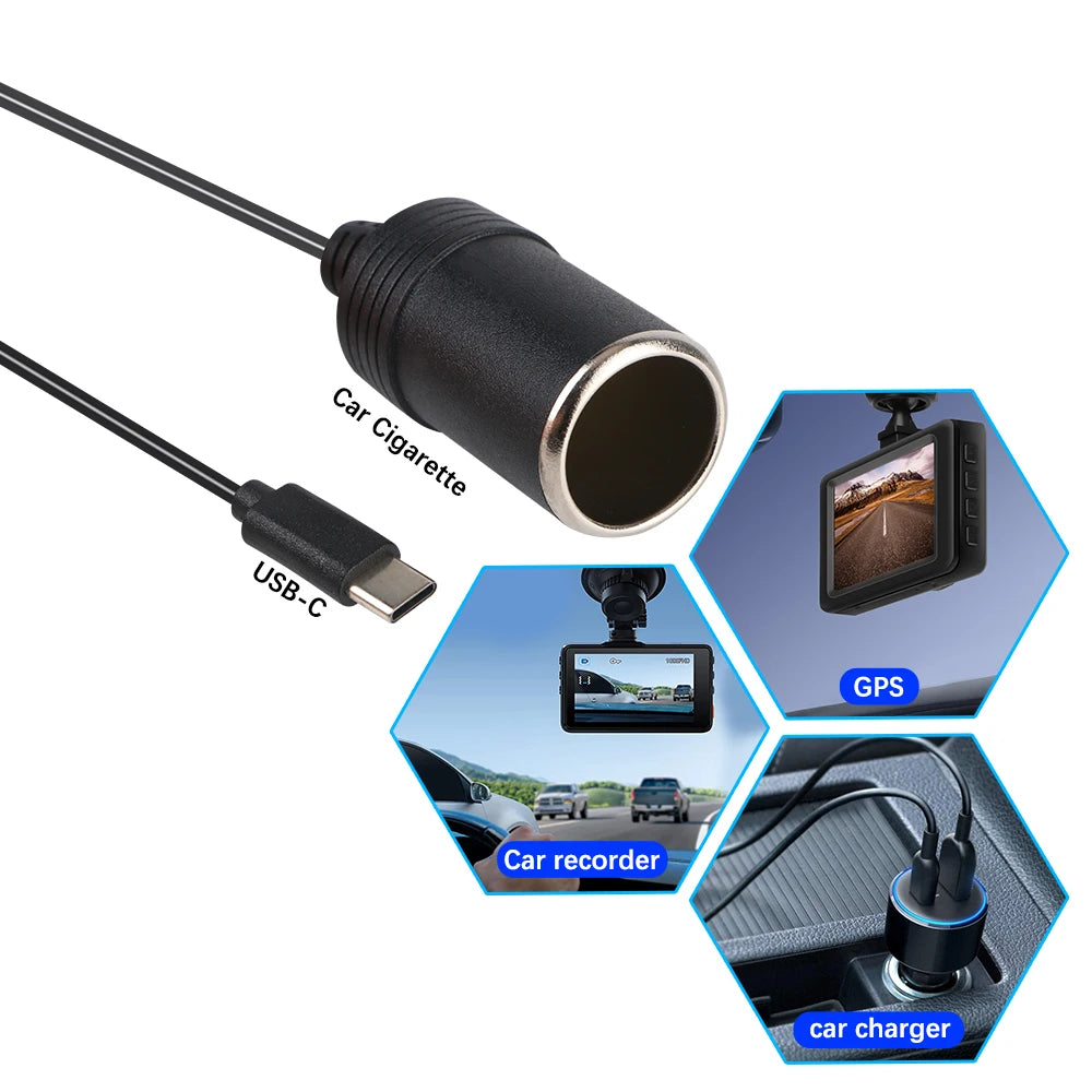 5V To 12V Converter Cable Extender USB Type C Chargers To Cigarette Lighter Socket Truck Power Adapter