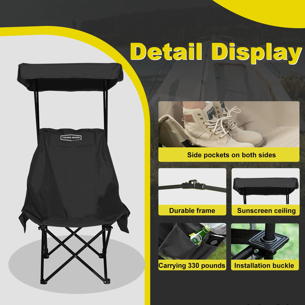 BLACK  Tactical Outdoor Chair  With Shade Canopy, Fold Lightweight /Oversized For All, Easy To Open And Close